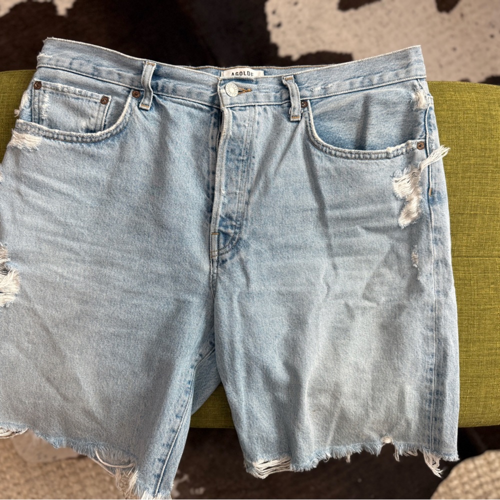 Agolde Light Blue Distressed Denim Shorts